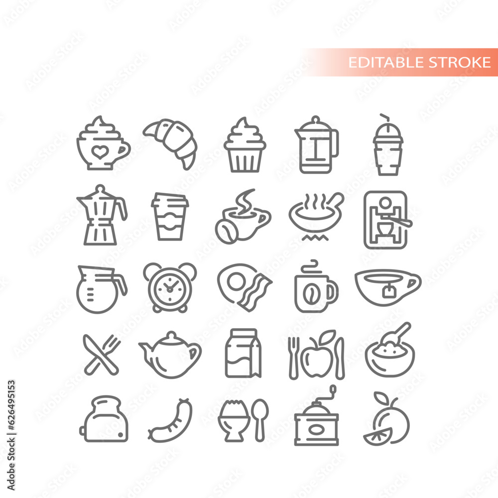 Breakfast and coffee line vector icons. Cup, croissant, eggs and bacon outline icon set.