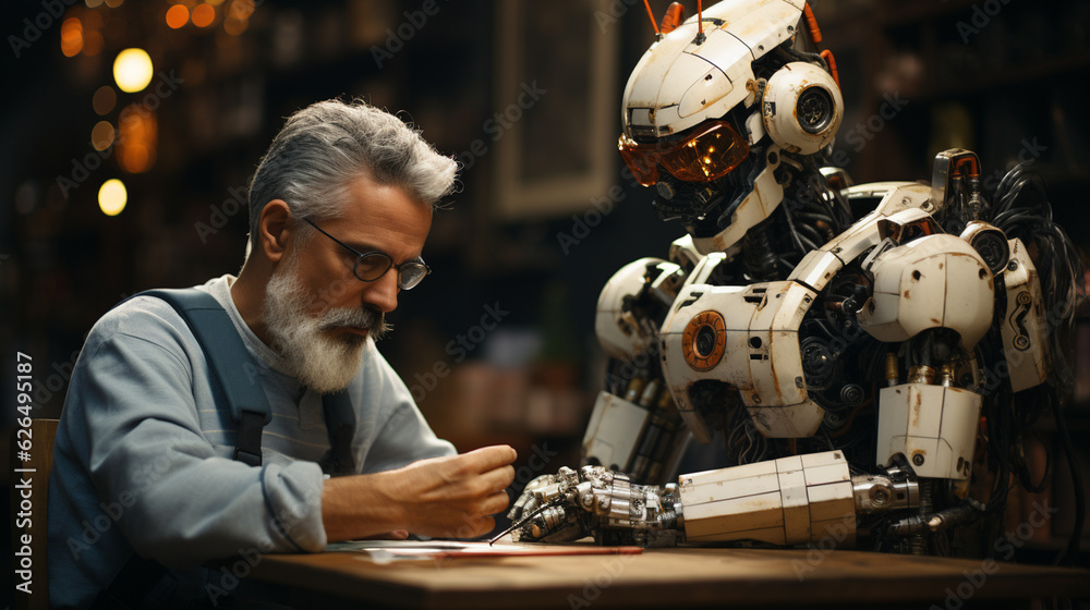 Robot helping a man to repair items in a workshop Robot helping a man to repair items in a workshop
