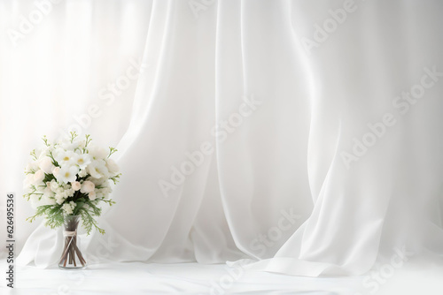 Wedding arch decorated with white flowers and curtains. AI Generated.