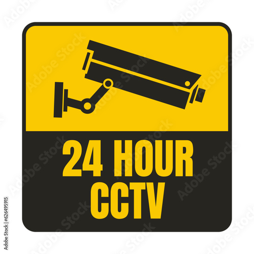 Printable black and yellow sticker 24 hour CCTV in operation, with illustration of security surveillance camera, a cctv icon, under protection and monitored area symbol