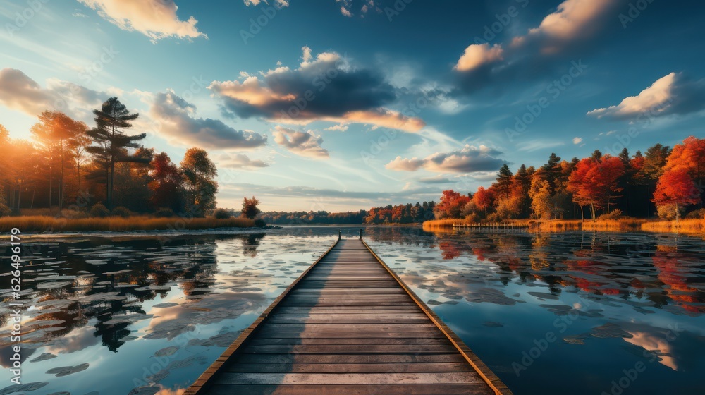 Fototapeta premium Peaceful Lake Pier Experience Tranquility with a Serene Lake and Wooden Pier Stretching into the Calm Waters