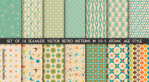 Set of 14 mid-century modern atomic age backgrounds in vector. Seamless retro 50-s patterns ideal for wallpaper and fabric design.