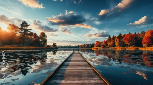 Peaceful Lake Pier Experience Tranquility with a Serene Lake and Wooden Pier Stretching into the Calm Waters