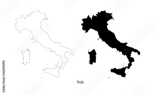 Highly detailed map of Italy on white background. Isolated line drawing and black silhouette of Italy. Template for website  cover  infographic  logo. Stock vector illustration.