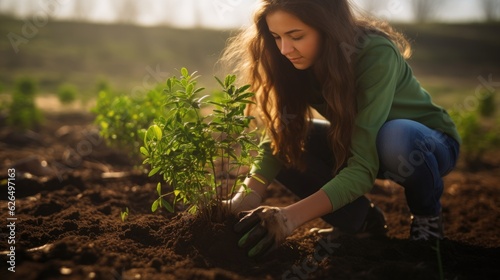 Young girl planting small samplings on the soil, Loved caring hands, ecosystem preservation, and reforestation concept.