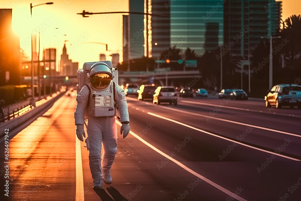 Astronaut walking on the road in the city at sunset. generative ai