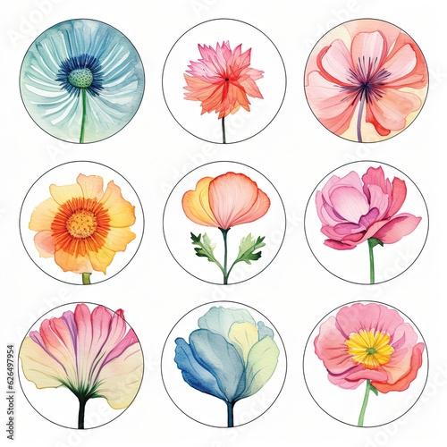 Set of circle shapes  Clip art flowers only in circle  watercolor  clipart flower style