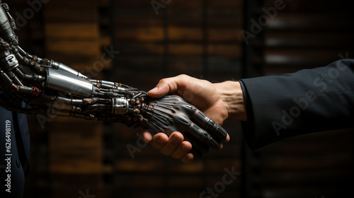 A Robot shaking hand with a man closeup