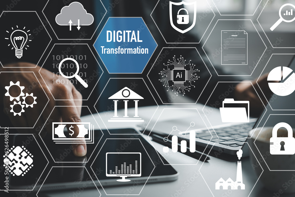 Transform your business with digital innovation. Finger scanning on a virtual screen for data and intelligence analysis. Network connection and cloud computing infrastructure in the background. Transform your business with digital innovation. Finger scanning on a virtual screen for data and intelligence analysis. Network connection and cloud computing infrastructure in the background.