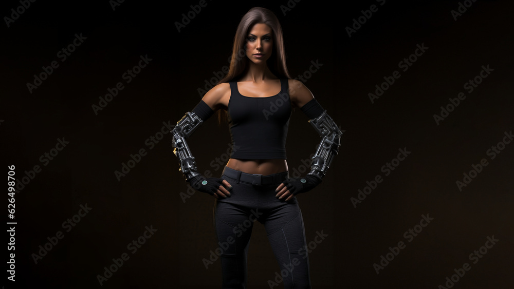 Hübsche durchtranierte Frau im sexy Sport Outfit mit im dunklen Licht, ai generativ Hübsche durchtranierte Frau im sexy Sport Outfit mit im dunklen Licht, ai generativ