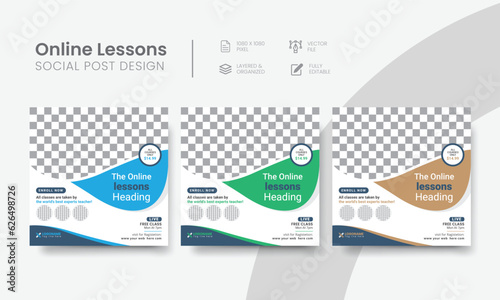 Luxurious online lessons social media post for graduation, courses, or tutoring promo. Latest lessons, courses, graduation webinar social web banner template. Vol - 20