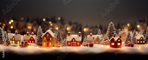 Small model city in winter landscape with snow, dusk, houses with lighted windows  Generative AI © GlobalGraphics