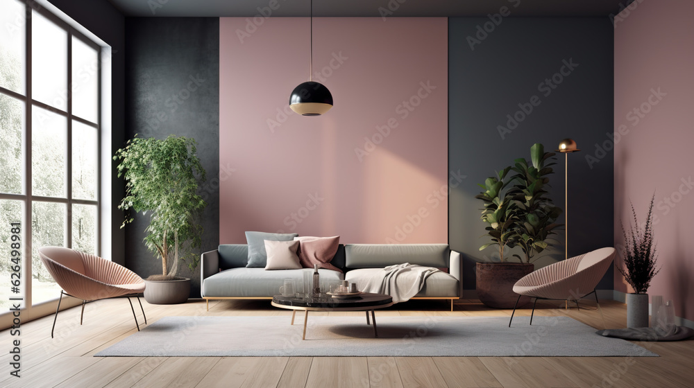 Fototapeta premium Modern living room with sofa, Pastel colors. ia generate