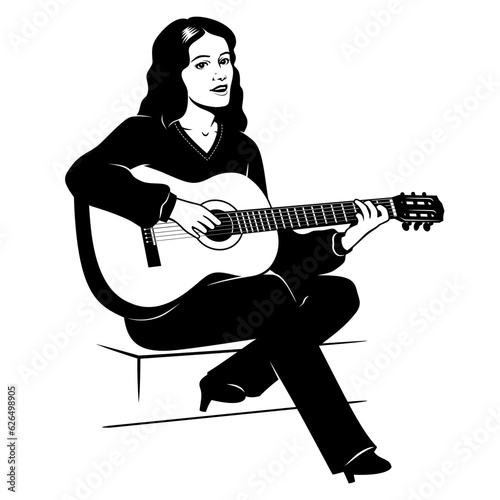 Silhouette of sitting woman playing on acoustic guitar and singing. Black and white stencil vector clipart. Stairs is the separate object.