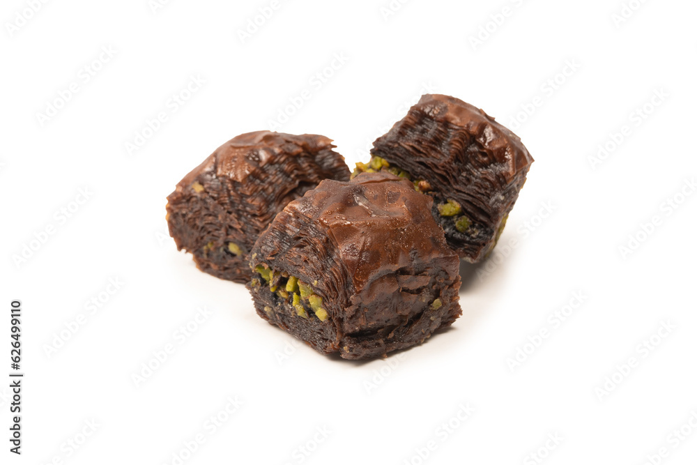 Turkish chocolate baklava isolated on white background. Turkish chocolate baklava isolated on white background.