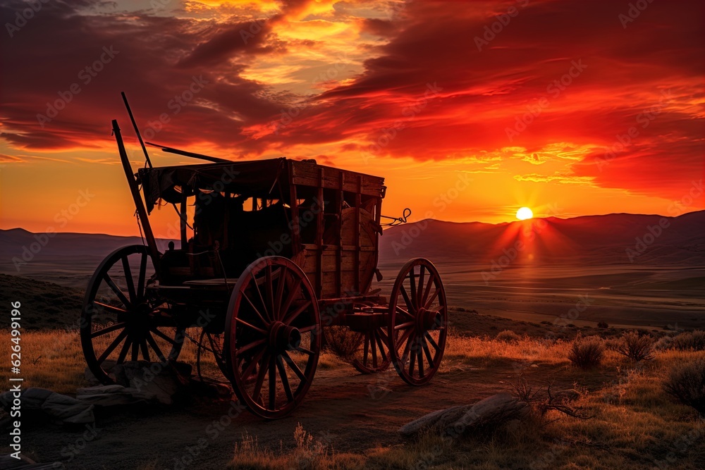 Fototapeta premium A horse and wagon on a trail in the old West. Great for stories on cowboy movies, Old West, frontier spirit, pioneers, gold rush and more. 