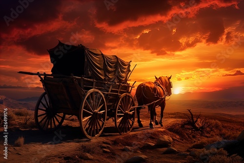 A horse and wagon on a trail in the old West. Great for stories on cowboy movies, Old West, frontier spirit, pioneers, gold rush and more. 
