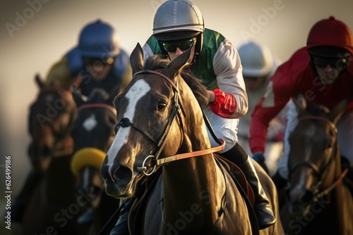 Race horses, Race horses with jockeys with motion blur. Jockeying for the win in the racecourse. Generative Ai © tong2530