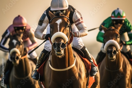 Race horses, Race horses with jockeys with motion blur. Jockeying for the win in the racecourse. Generative Ai