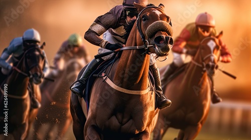Race horses, Race horses with jockeys with motion blur. Jockeying for the win in the racecourse. Generative Ai