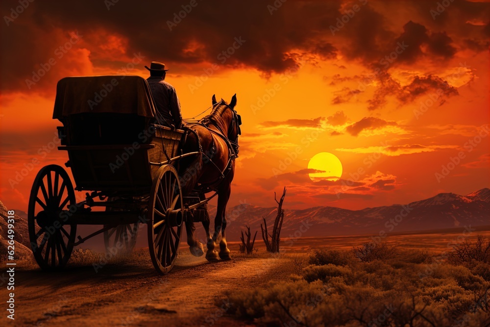 A horse and wagon on a trail in the old West. Great for stories on cowboy movies, Old West, frontier spirit, pioneers, gold rush and more. A horse and wagon on a trail in the old West. Great for stories on cowboy movies, Old West, frontier spirit, pioneers, gold rush and more.