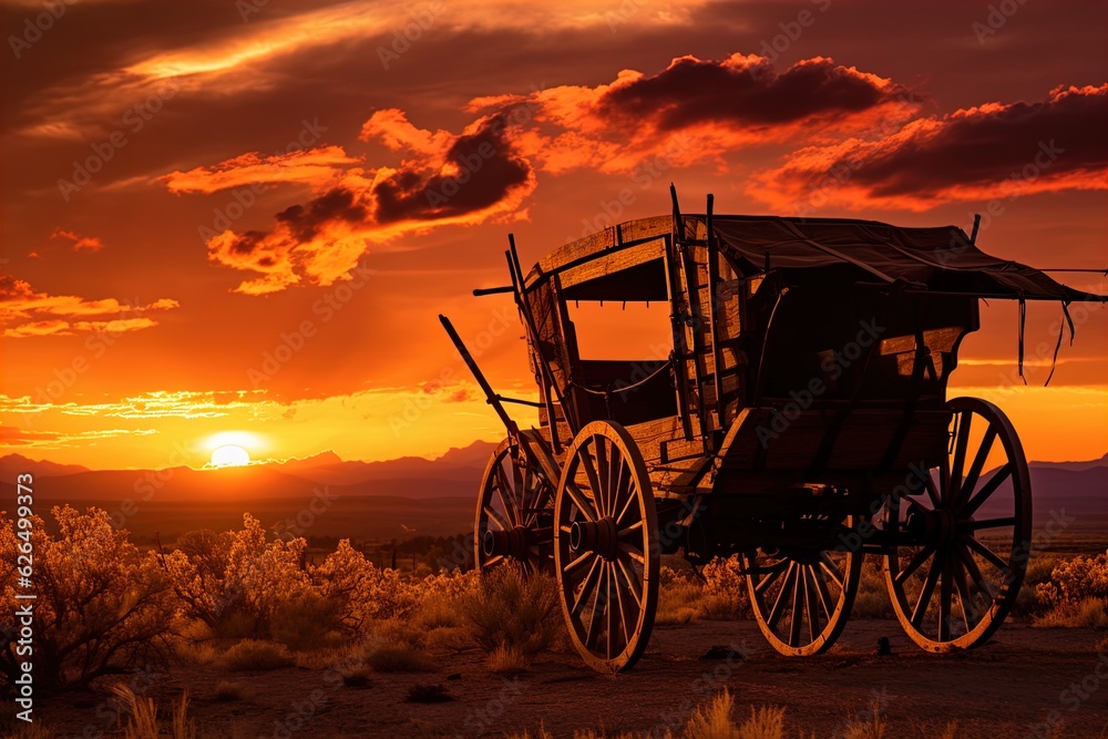 A horse and wagon on a trail in the old West. Great for stories on cowboy movies, Old West, frontier spirit, pioneers, gold rush and more. 