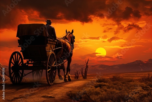 A horse and wagon on a trail in the old West. Great for stories on cowboy movies, Old West, frontier spirit, pioneers, gold rush and more. 