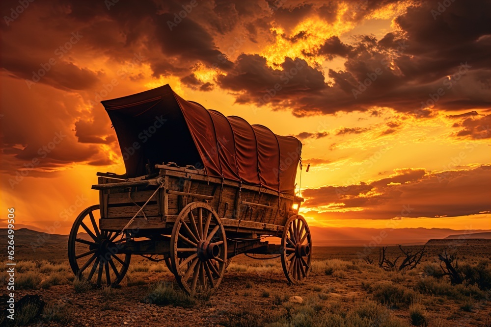 Fototapeta premium A horse and wagon on a trail in the old West. Great for stories on cowboy movies, Old West, frontier spirit, pioneers, gold rush and more. 