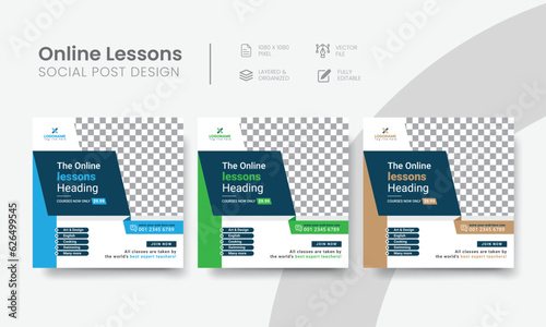 Luxurious online lessons social media post for graduation, courses, or tutoring promo. Latest lessons, courses, graduation webinar social web banner template. Vol - 27