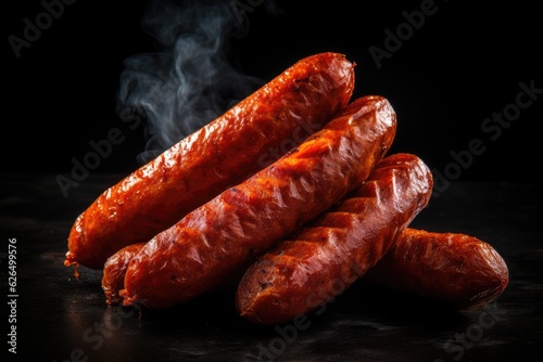 Close up of some thin smoked sausage on black background.