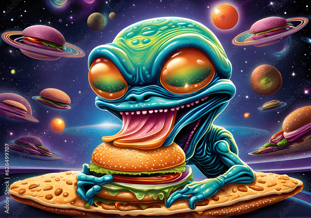 illustration of an alien eating a burger, generative ai