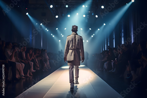 Model man walks the runway in model clothes. Fashion show, catwalk event, runway show, fashion week. Generative AI.