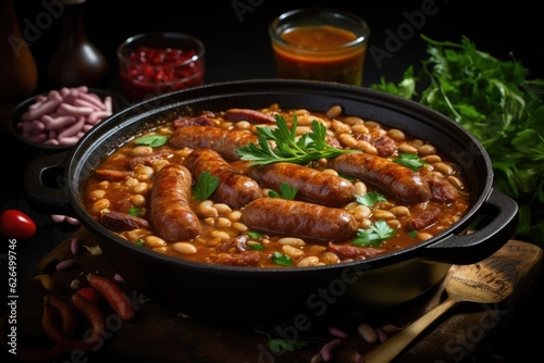 Beans stew with pork sausages and herbs. Generative AI.