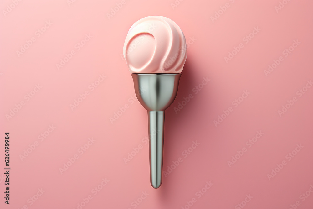 Ice cream in a metal scoop on a pink pastel background Ice cream in a metal scoop on a pink pastel background