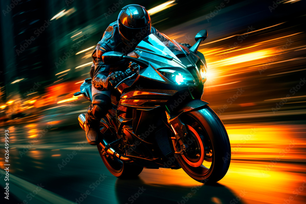 Motorcycle rider in helmet and gear racing at high speed on the background of night city with motion blur