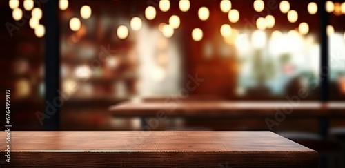 This stunning coffee shop photograph featuring a cozy shelf and table setup, perfect for a cafe or restaurant decor. The bokeh effect in the background adds a touch of magic to the scene © Thares2020