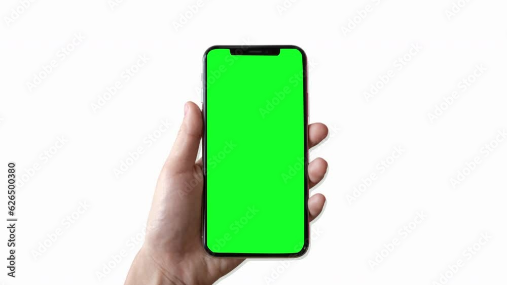 animation hand and mobile phone mockup with green screen isolated on white background