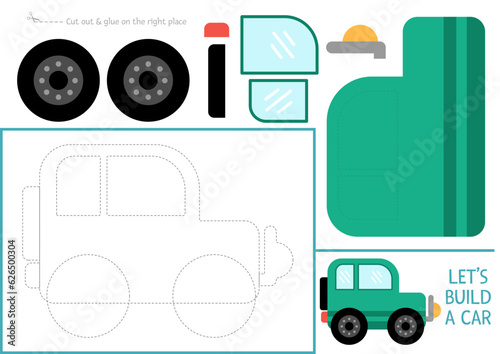 Lets build a car cut and glue activity. Transportation educational crafting game. Find missing parts. Vector transport printable page for kids with wheel, window, body. Complete the vehicle.