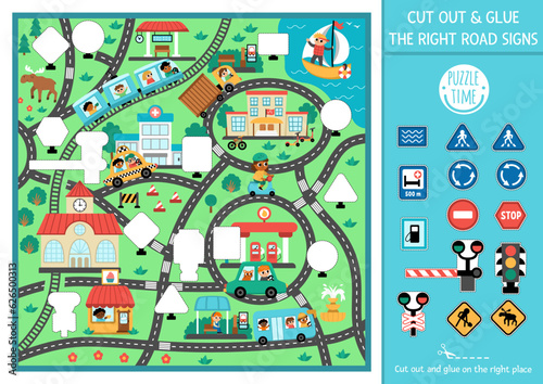 Vector transportation cut and glue activity. Crafting game with cute city landscape and road signs. Fun transport printable worksheet for kids with urban map. Complete the picture with traffic sign.