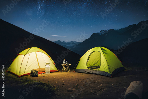 Summer camping in the mountains. Tents in the night with the starry sky and clouds in the background.