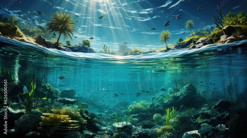 fish underwater palm trees above water