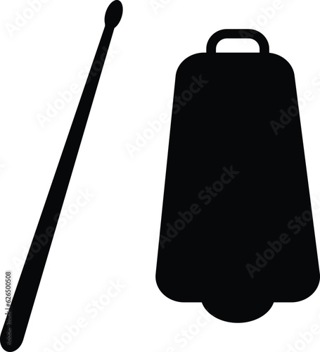 Cowbell icon. Cowbell and Drumstick sign. Cowbell with Stick musical instrument symbol. flat style.