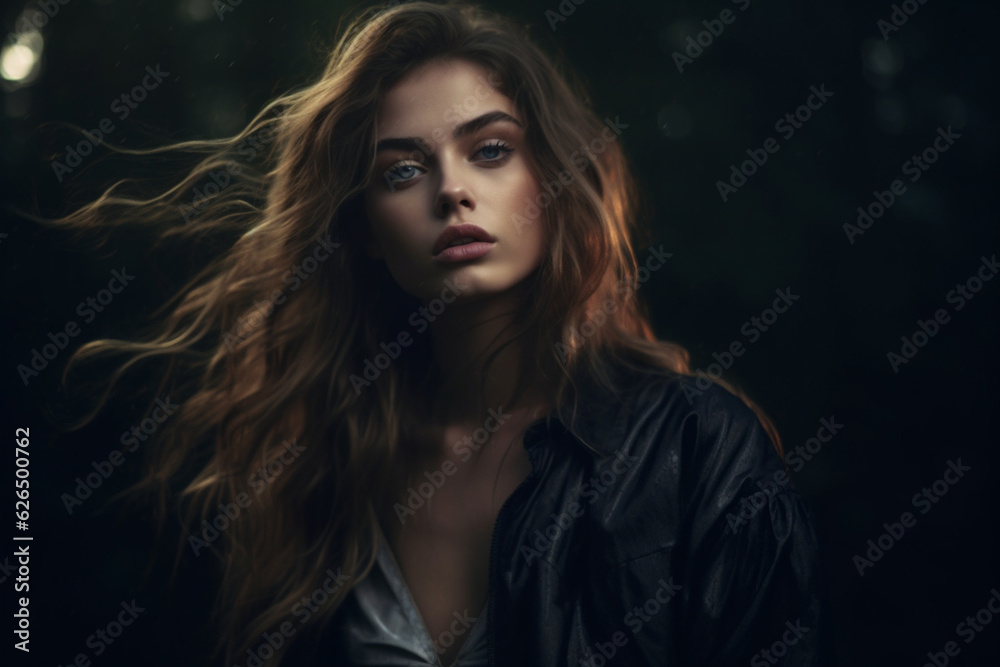 Portrait of a young woman outdoor, dark light photography