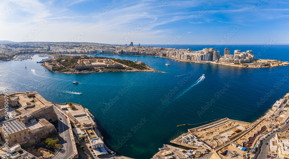 Valletta, Malta island, Europe. Fort Manoel, new city and Mediterranean sea