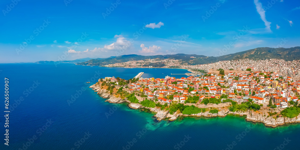 Aerial view old town and Mediterranean sea in Kavala, Greece, Europe