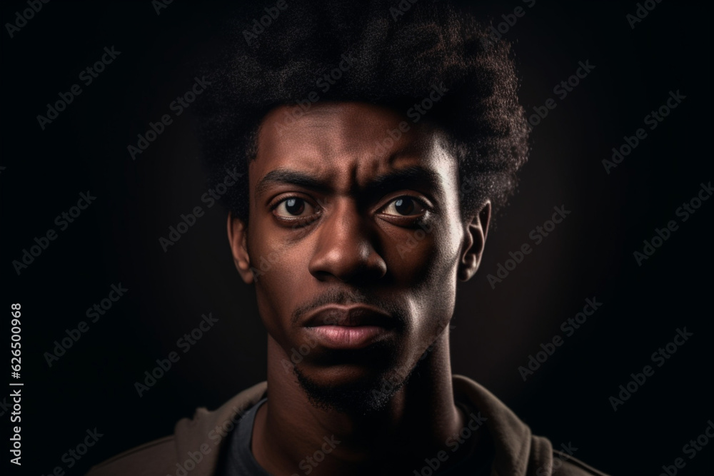 Young dark-skinned man with curly hair making facial expressions in studio photo