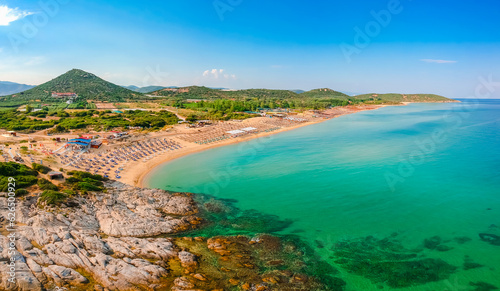 Aerial view of Ammolofoi sand beach near Kavala, Greece, Europe