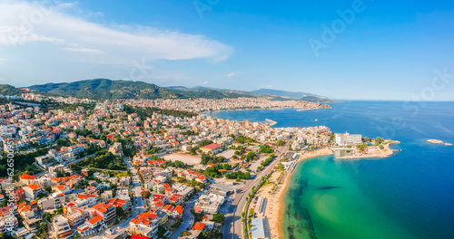 Aerial view of beach and sea in Kavala city, Macedonia, Greece, Europe