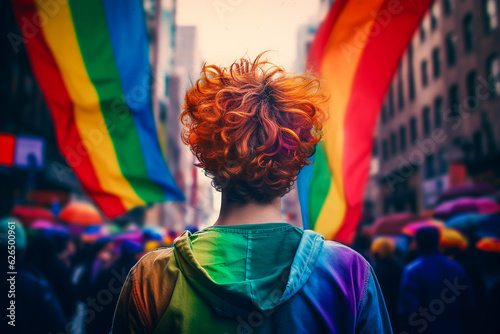 Red haired person facing away from camera looking at a pride parade