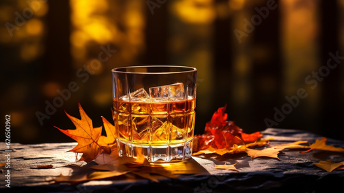 Fotografia Glass filled with whiskey and ice cubes on a rock surrounded by autumn leaves ou